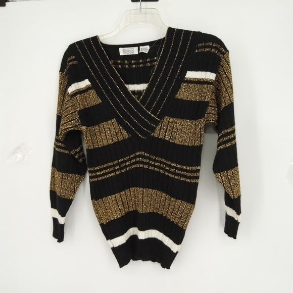 cristinas Sweaters - CRISTINA'S VINTAGE GOLD GLITTER RIBBED SWEATER SIZE SMALL